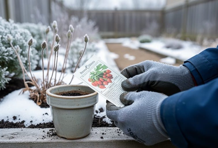 A gardener’s gloved hands holding seed packets next to frost-dusted plants in a Canadian backyard garden.