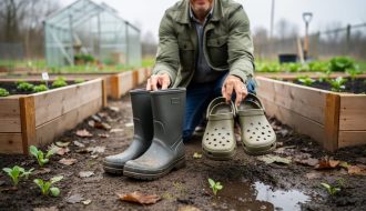 A Canadian gardener kneeling in a spring garden holds waterproof rubber gardening boots and breathable clogs beside muddy soil and seedlings.