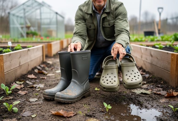 A Canadian gardener kneeling in a spring garden holds waterproof rubber gardening boots and breathable clogs beside muddy soil and seedlings.