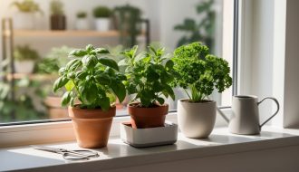 Fresh potted basil and mint growing on a sunny windowsill in a beginner indoor herb kit, with watering can and gardening scissors nearby.