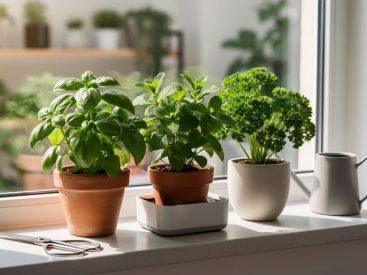 Fresh potted basil and mint growing on a sunny windowsill in a beginner indoor herb kit, with watering can and gardening scissors nearby.