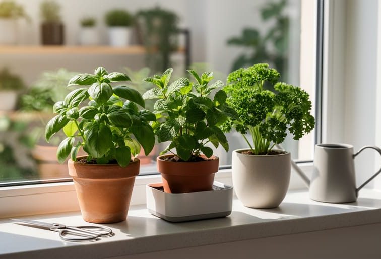 Fresh potted basil and mint growing on a sunny windowsill in a beginner indoor herb kit, with watering can and gardening scissors nearby.