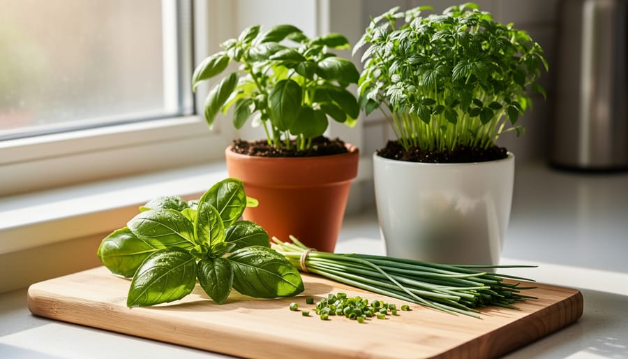 Freshly snipped basil and chives on a cutting board with an herb pot nearby