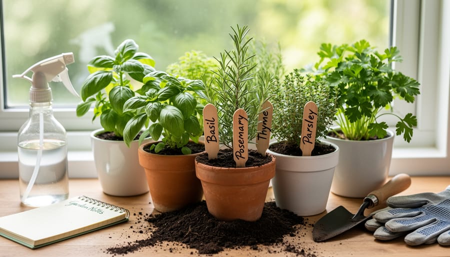 Gardener’s hands planting small herb seedlings into containers with a watering can nearby