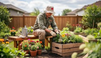 A person seated on a garden bench tending colorful flowers and potted herbs in a backyard during soft natural daylight.