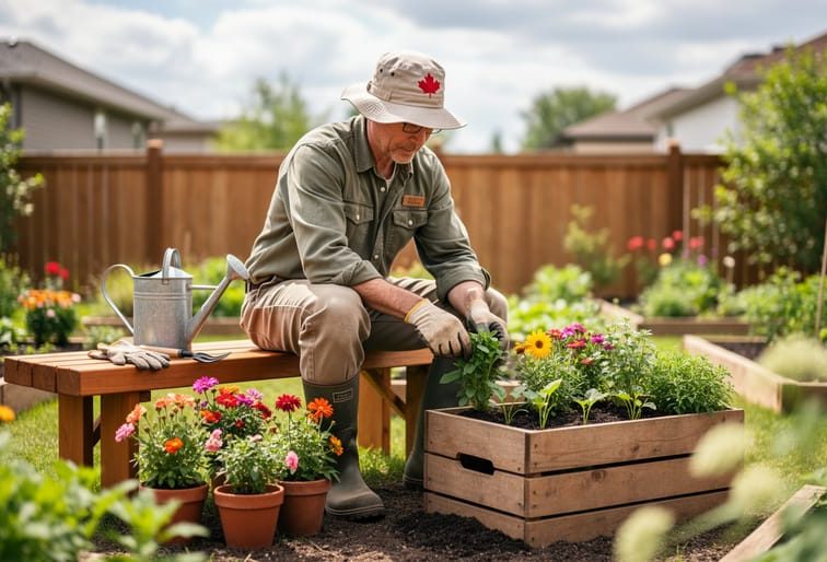 A person seated on a garden bench tending colorful flowers and potted herbs in a backyard during soft natural daylight.