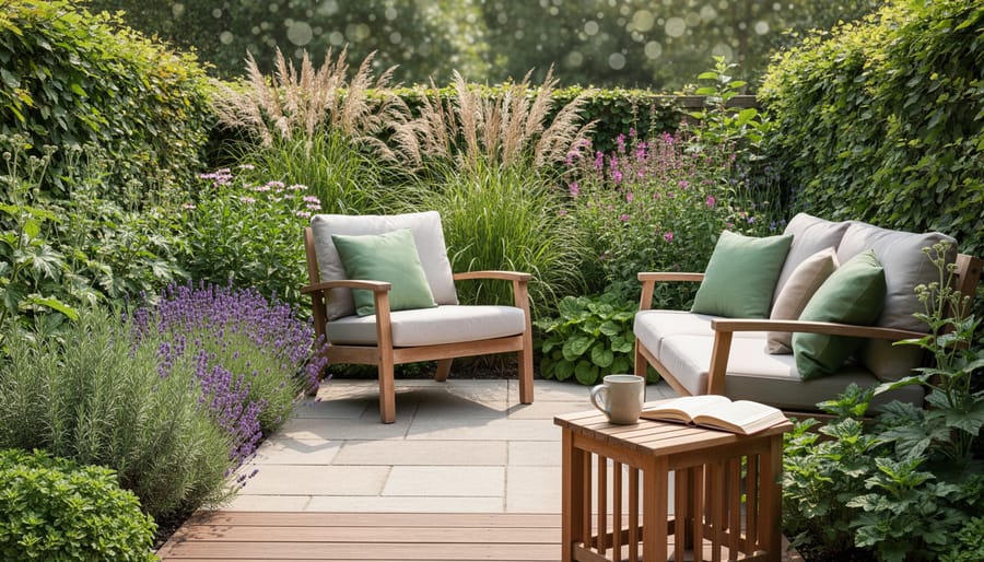 Overhead view of a cozy garden seating corner with flowers, herbs, and textured plants