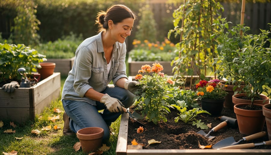 Person sitting on a garden bench tending colorful flowers and potted herbs in a backyard