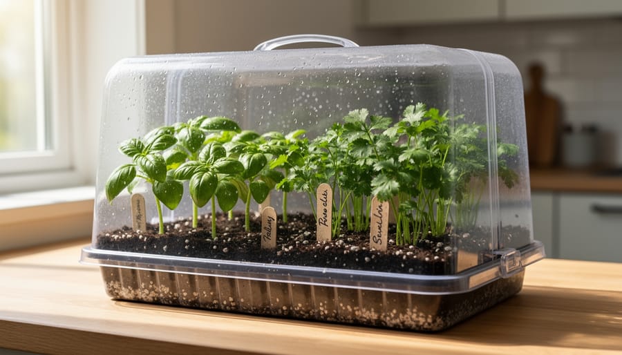 Tiny herb seedlings growing in soil pucks under a humidity dome on a windowsill