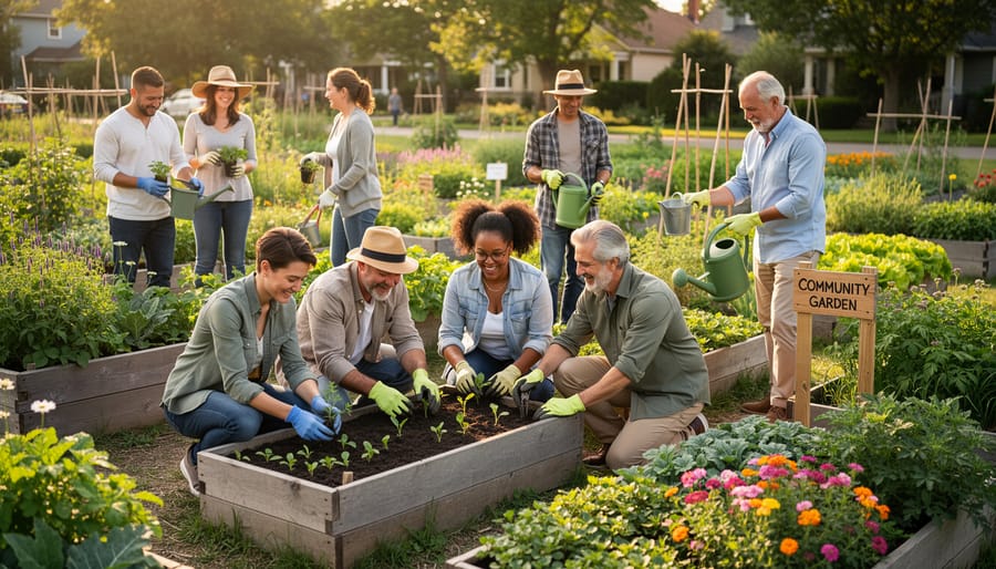 Two people planting seedlings together in a community garden bed