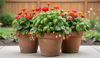 Terracotta planters filled with compact zinnias, sweet basil, and alpine strawberry plants in a Canadian patio container garden.