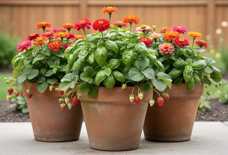 Terracotta planters filled with compact zinnias, sweet basil, and alpine strawberry plants in a Canadian patio container garden.