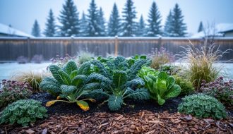 Frost-tolerant vegetable and perennial plants growing in a mulched garden bed with cool morning light and a snow-dusted evergreen background.
