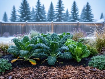 Frost-tolerant vegetable and perennial plants growing in a mulched garden bed with cool morning light and a snow-dusted evergreen background.