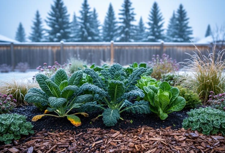 Frost-tolerant vegetable and perennial plants growing in a mulched garden bed with cool morning light and a snow-dusted evergreen background.