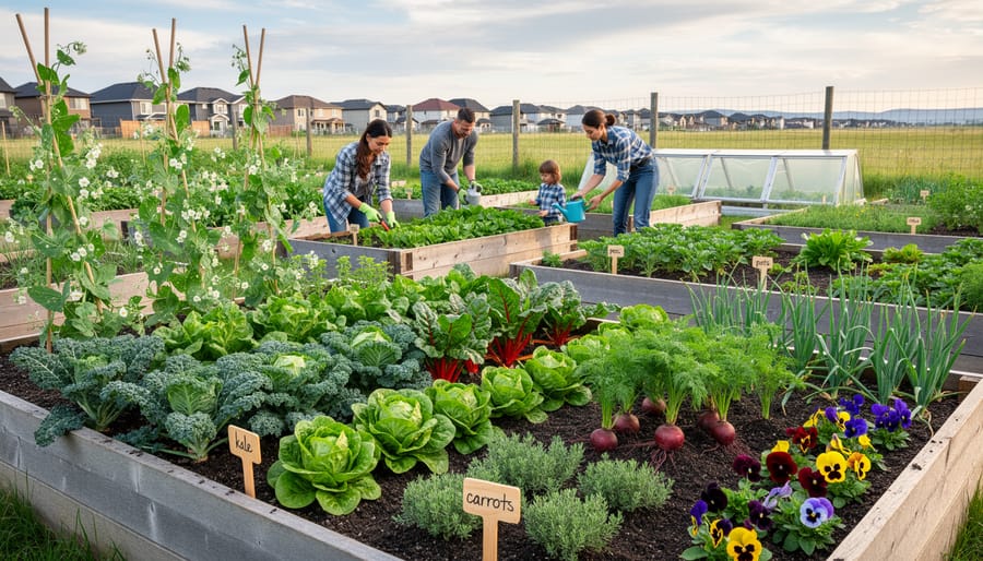 Raised-bed community garden in Calgary with healthy kale and spinach under cloudy daylight