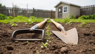 A scuffle/stirrup hoe and a traditional blade hoe resting on a tilled garden bed with loose soil and small weeds.
