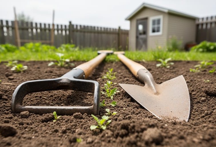 A scuffle/stirrup hoe and a traditional blade hoe resting on a tilled garden bed with loose soil and small weeds.
