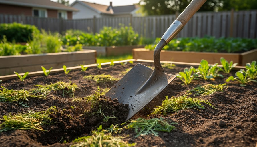 Canadian gardener kneeling beside seedlings in a raised bed holding a stainless-steel gardening hoe