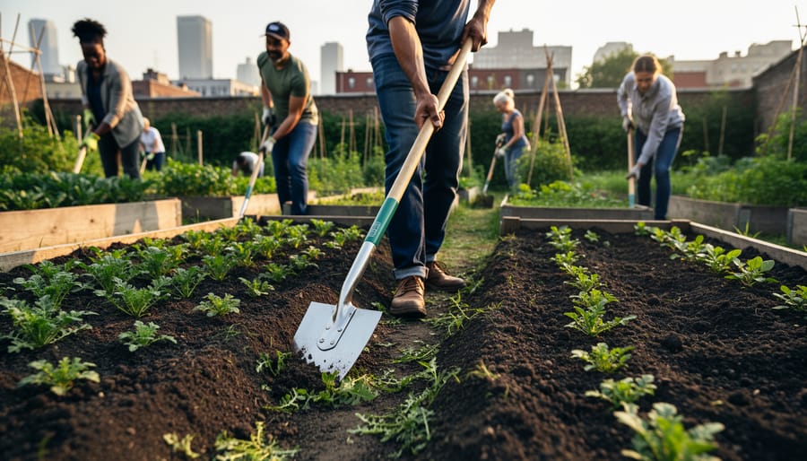 Community garden volunteer loosening soil with a long-handled hoe in an outdoor vegetable plot