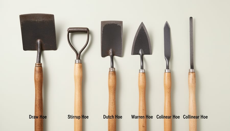 Gardening hoed tools of different styles laid on a workbench with visible blades and handles