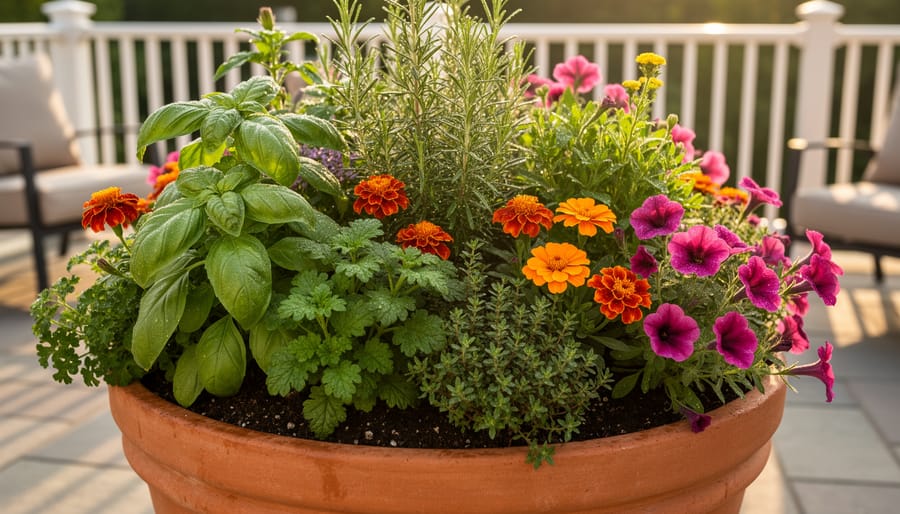 Late-summer container garden with tarragon, sweet basil, and compact zinnias in terracotta pots on a patio.