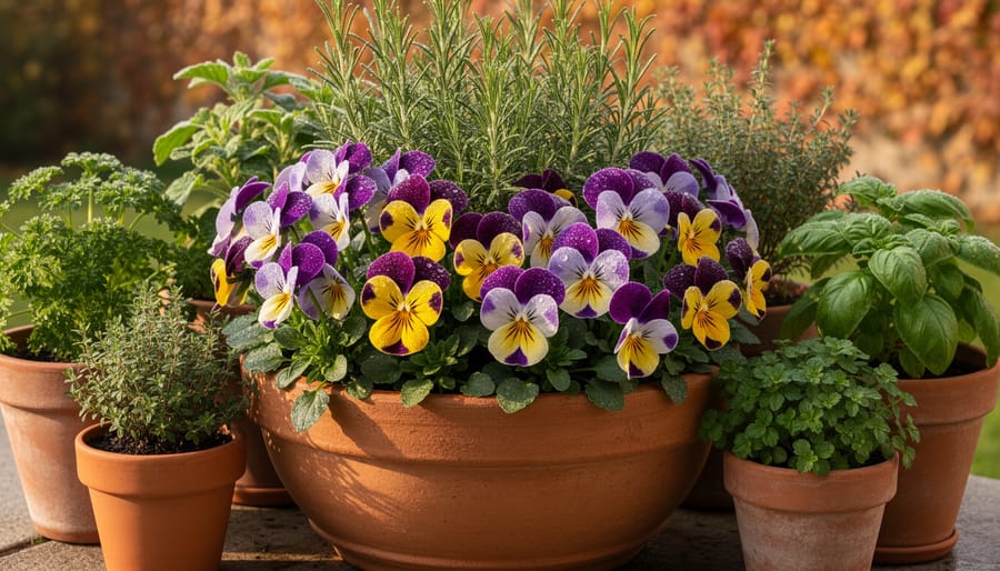 Pansies and violas with parsley in outdoor containers during late summer light.