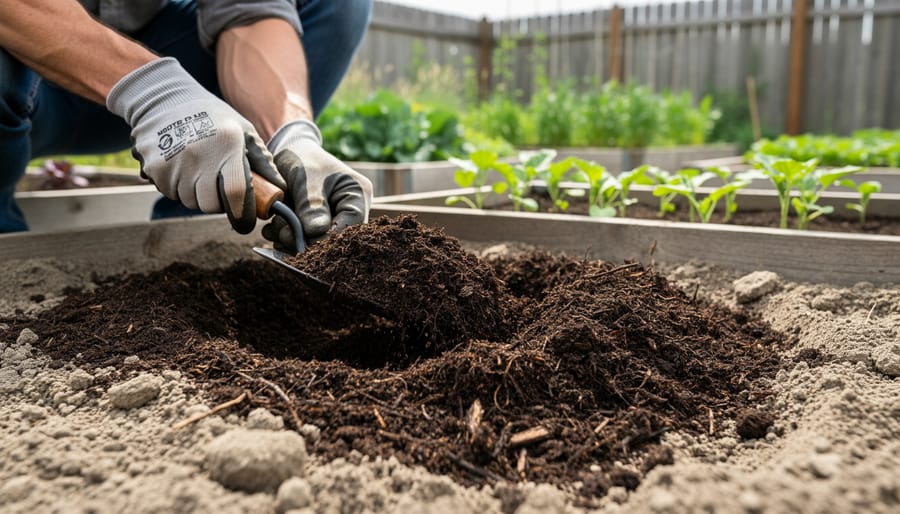 Close-up of hands mixing compost into soil in a raised garden bed