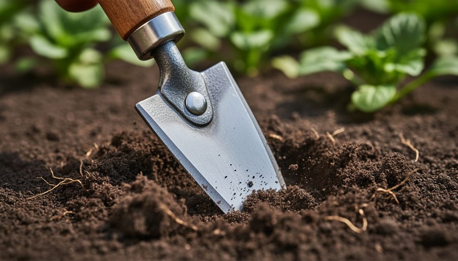 Macro close-up of a stainless-steel gardening hoe blade in a gardener’s gloved hand
