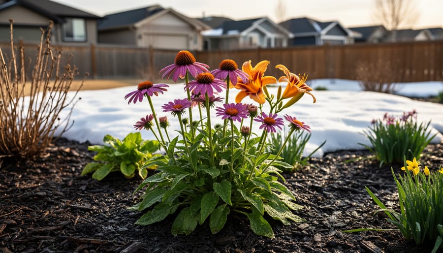 Hardy coneflower and Siberian iris blooming in a Calgary garden bed with winter mulch