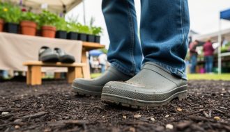 Close-up of a gardener’s clogs stepping on damp mulch at a Canadian garden event with potted plants and a vendor booth blurred in the background.