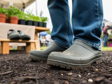 Close-up of a gardener’s clogs stepping on damp mulch at a Canadian garden event with potted plants and a vendor booth blurred in the background.