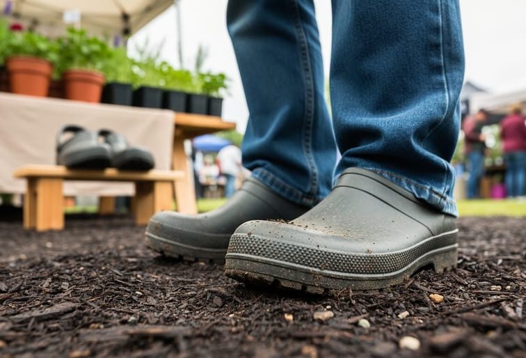 Close-up of a gardener’s clogs stepping on damp mulch at a Canadian garden event with potted plants and a vendor booth blurred in the background.