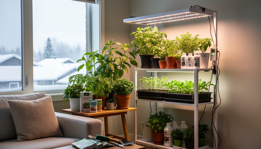 Indoor plant rack with grow lights creating bright growing conditions during a winter season