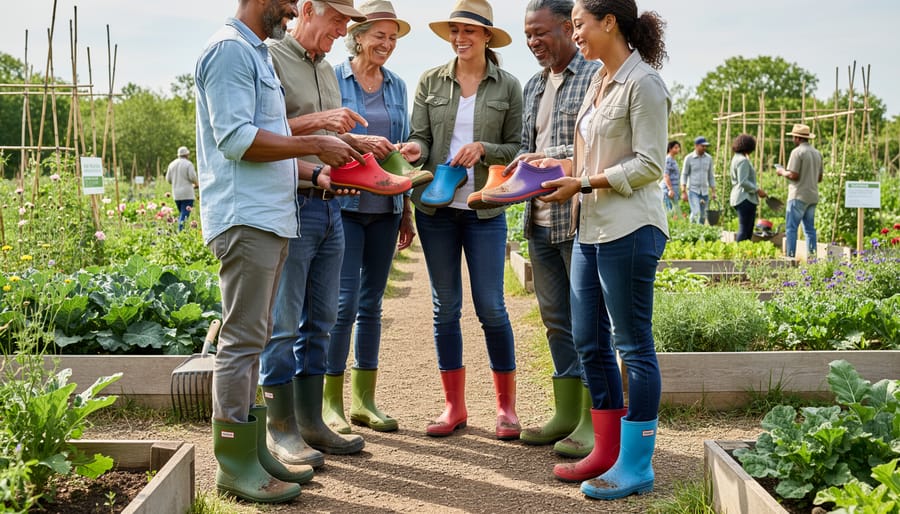 Garden volunteers and attendees discuss gardening clogs near raised beds during a community garden open house.