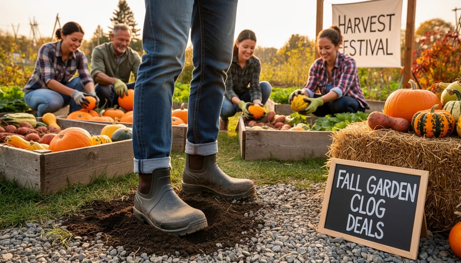Gardening clogs displayed at an autumn harvest festival vendor stall with warm fall leaves and seasonal produce.