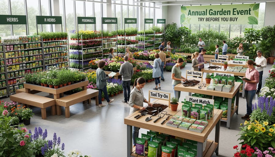 Garden centre during an annual event with multiple gardening clogs on display near a testing mat.