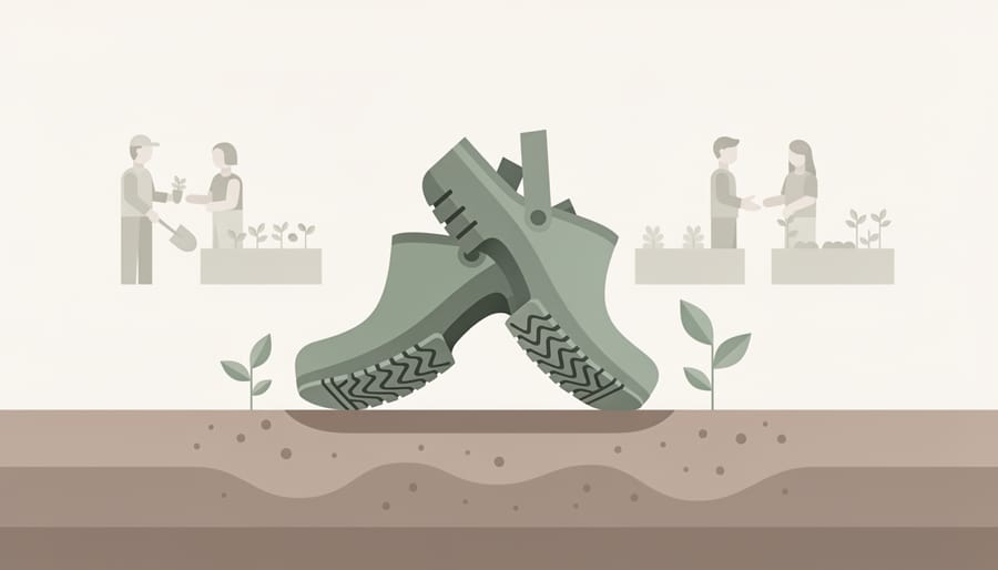 Close-up of gardening clogs stepping onto damp soil in a community garden setting.