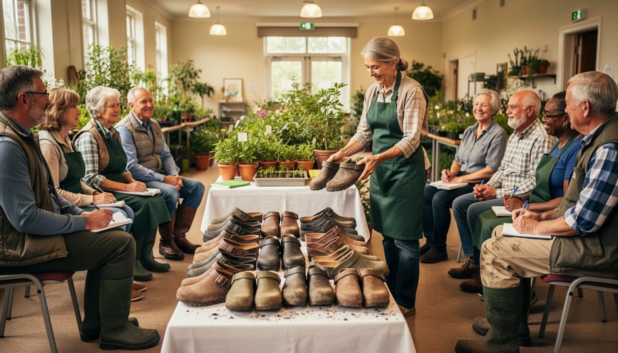 Garden club meeting where gardeners discuss and hold gardening clogs with other attendees in a community hall.