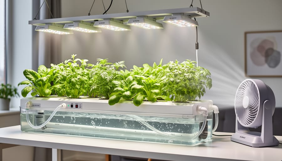 Countertop hydroponic garden showing leafy greens and roots in a clear reservoir