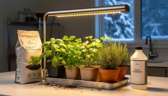 Indoor herb seedlings growing under a compact LED grow light in drainage containers, with potting mix and nutrient supplies on a countertop.