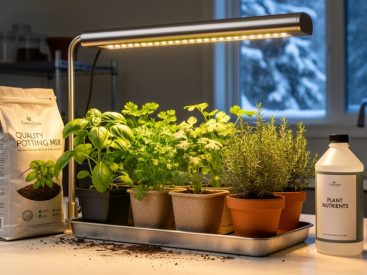Indoor herb seedlings growing under a compact LED grow light in drainage containers, with potting mix and nutrient supplies on a countertop.