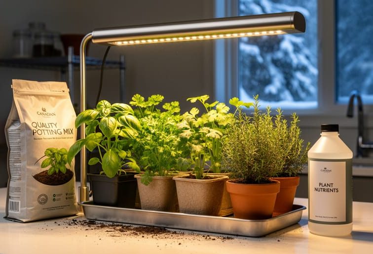 Indoor herb seedlings growing under a compact LED grow light in drainage containers, with potting mix and nutrient supplies on a countertop.