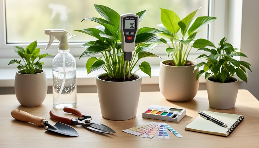 Indoor gardening tools including a moisture meter, pH testing supplies, nutrients, and a small seedling