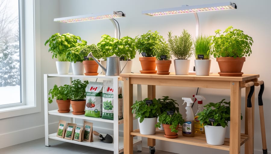 Indoor herb garden under an LED grow light with watering tools on a table in a Canadian home