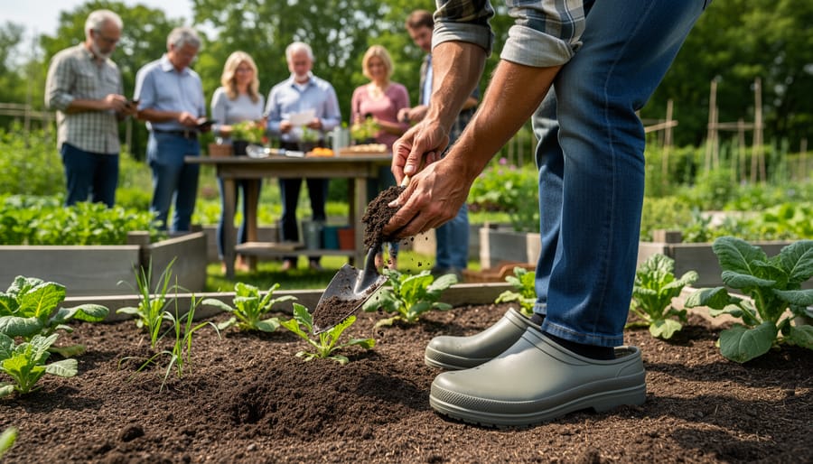 Master gardener demonstrating techniques while wearing gardening clogs at a workshop with attendees in the background.