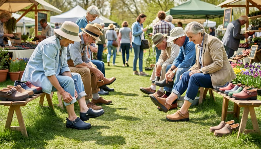 Shoppers try on gardening clogs at a spring garden festival market table with garden flowers in the background.