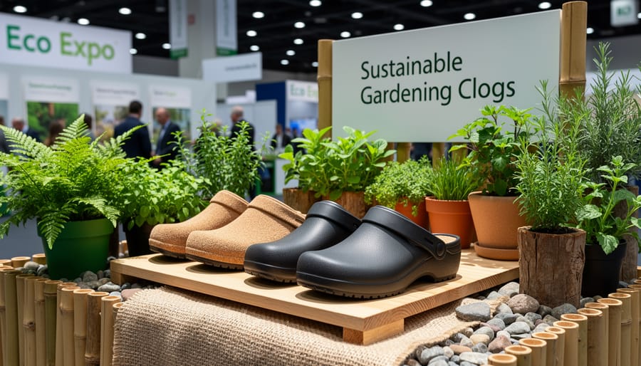 Eco expo booth display of gardening clogs on a wooden crate with a potted plant in the foreground.