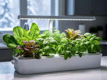 Indoor hydroponic system with leafy green vegetables growing under an LED grow light on a kitchen countertop.