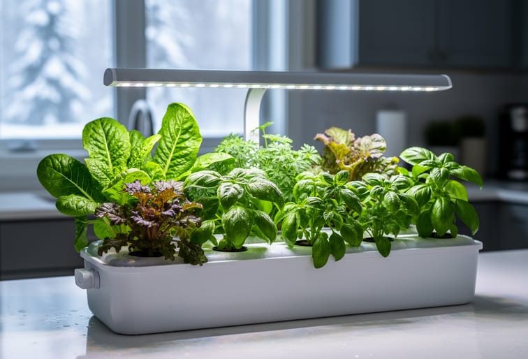 Indoor hydroponic system with leafy green vegetables growing under an LED grow light on a kitchen countertop.
